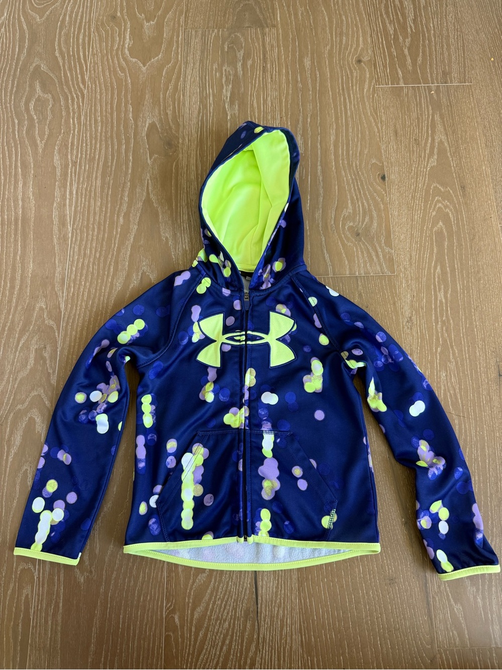 Under Armour Girls Purple Yellow Polka Dot Full Zip Hooded Jacket Size 6